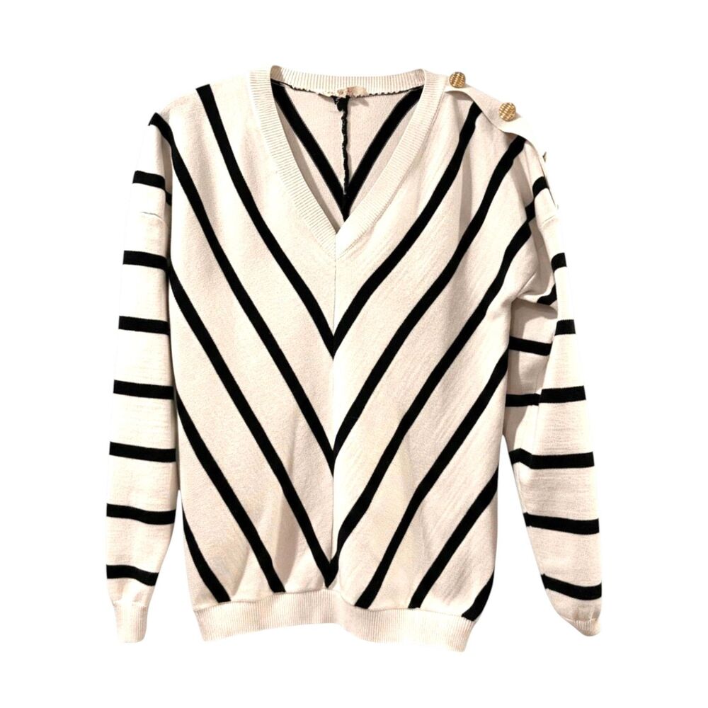 Mazik Striped V-Neck Black White Sweater Gold Buttons Womens S Nautical Preppy